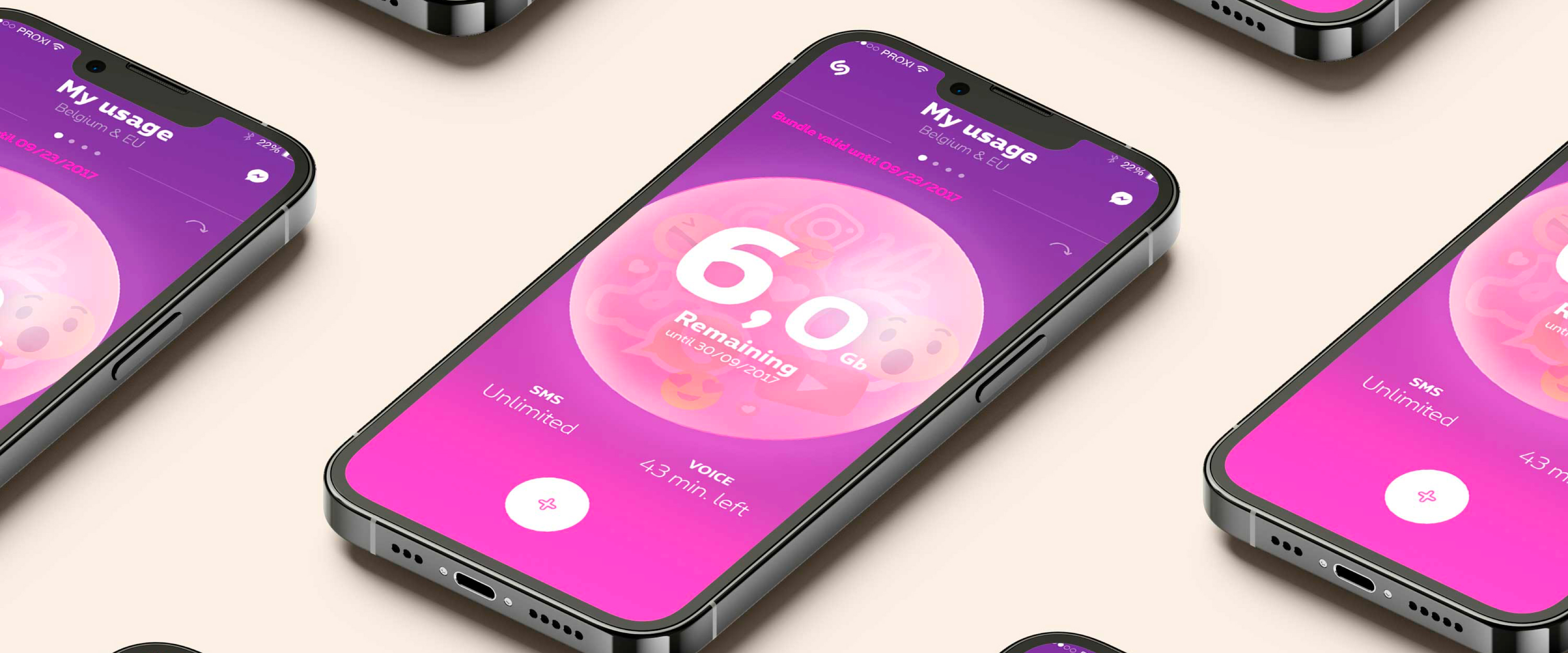 Multiple iPhones in isometric layout displaying the Proximus My Usage screen, showing a circular data usage indicator with 6.0 GB remaining, unlimited SMS, and 43 voice minutes left, in Proximus brand colors of magenta and purple