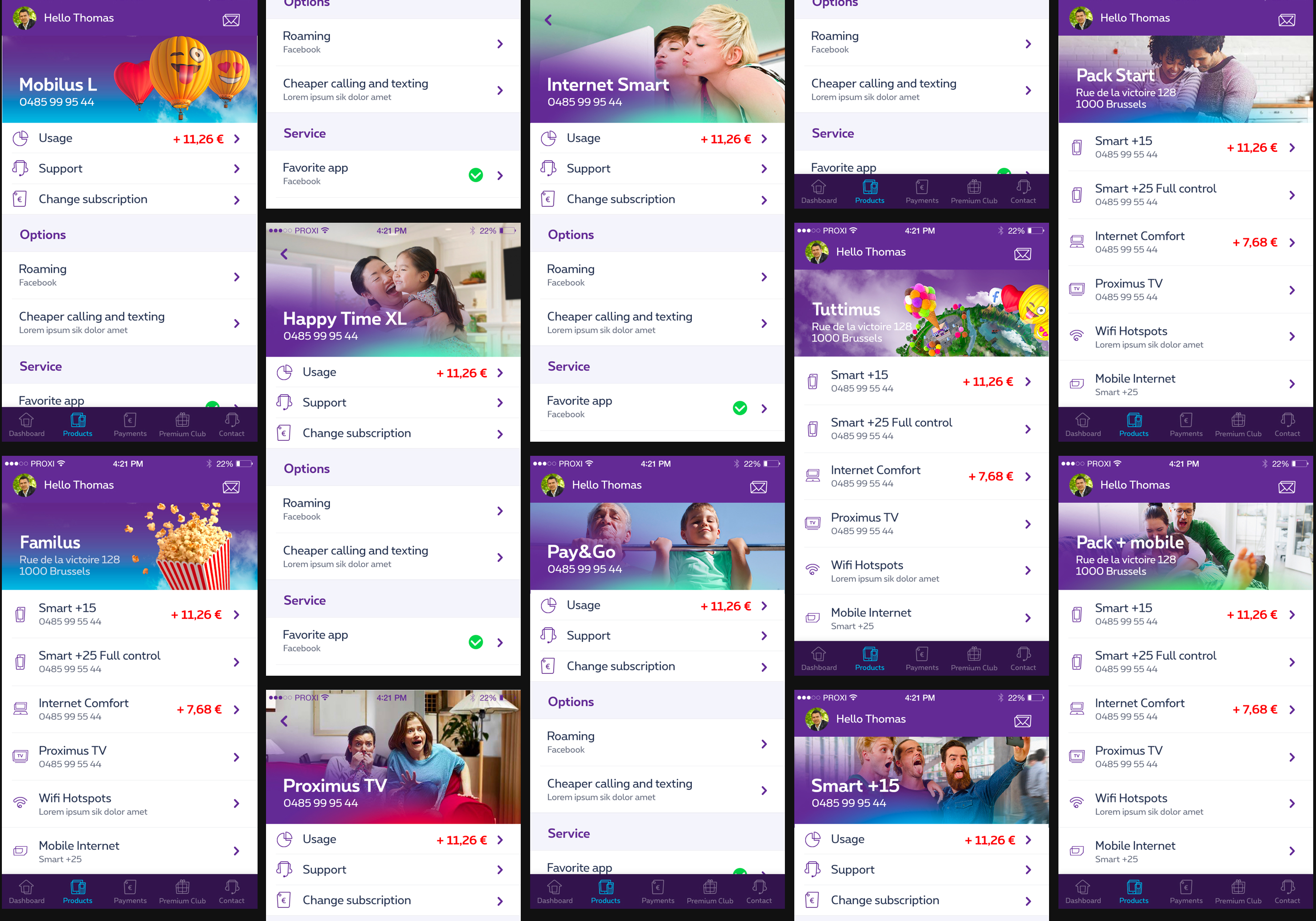 Grid of MyProximus app screens showing product pages across subscription types — Mobilus, Familus, Pack Start, Tuttimus, Pay&Go — each with the unified navigation pattern and brand header treatment.