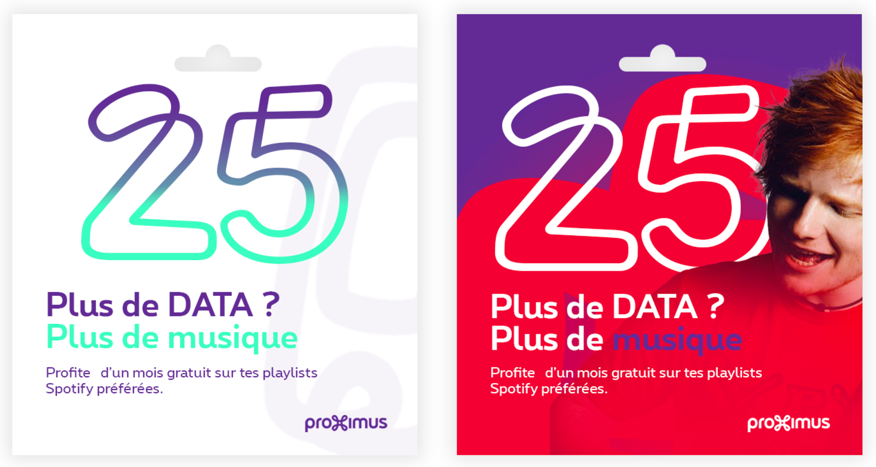Two versions of a Proximus data promotion visual — a minimal gradient version and a bold red variant with photography — both using the brand's typographic treatment for a Spotify partnership offer