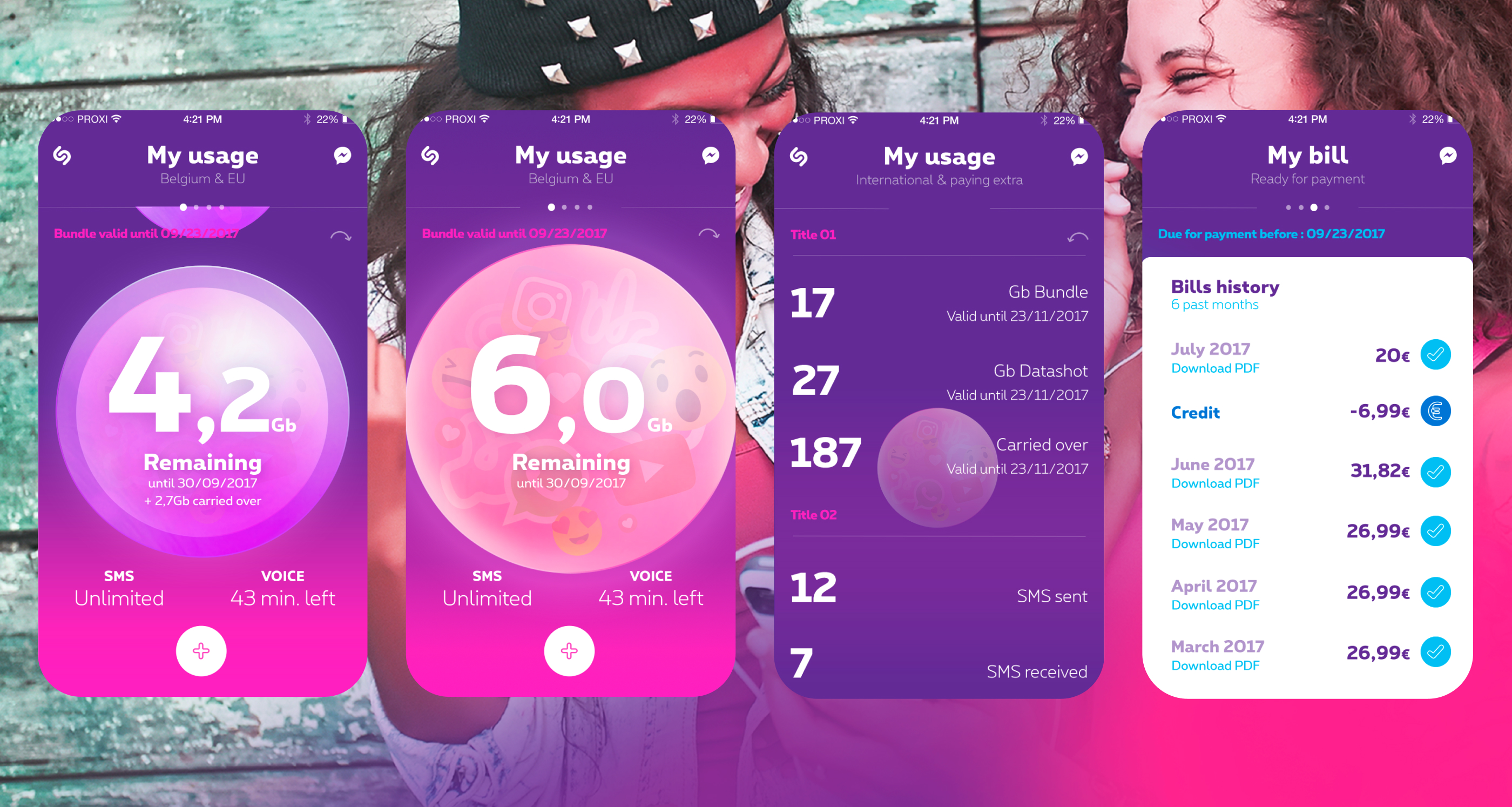 Proximus marketing layout combining lifestyle photography with service category cards — Accessories, Click&Collect, Gifts&Vouchers — alongside a 'Kiff ta musique' campaign visual