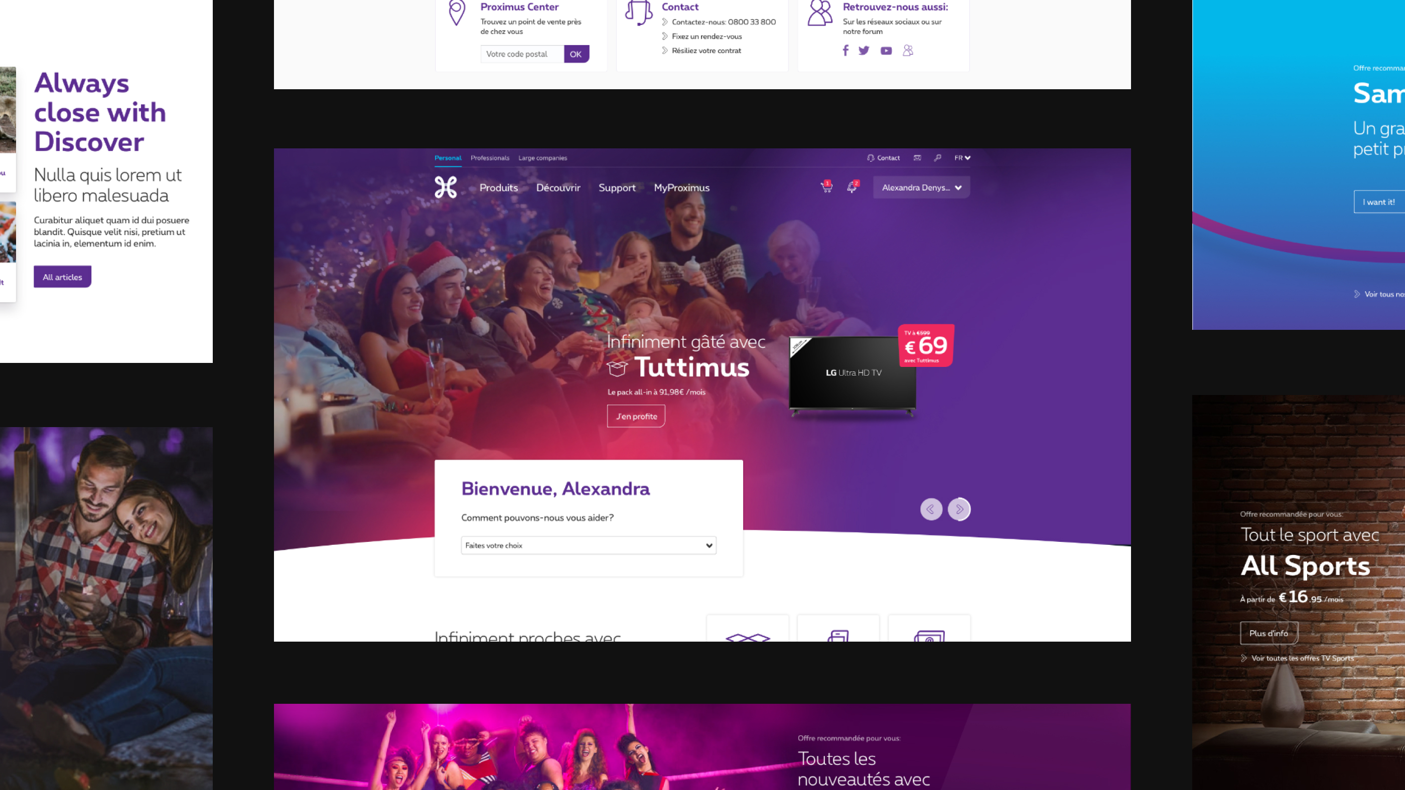 Proximus.be homepage and web components showing the Tuttimus campaign hero, personalized welcome module, Discover blog section, and All Sports promotional banners in the new brand identity