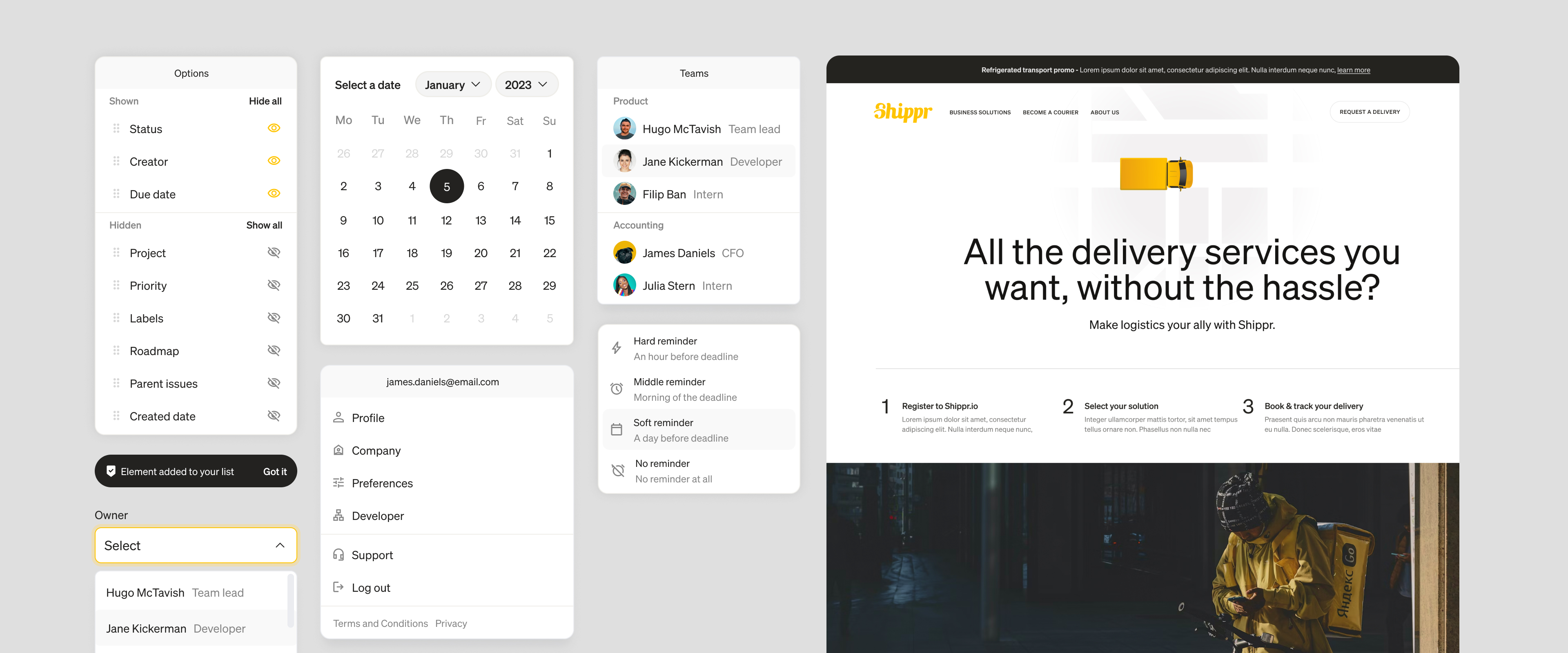 View of multiple design elements from the Shippr Platform